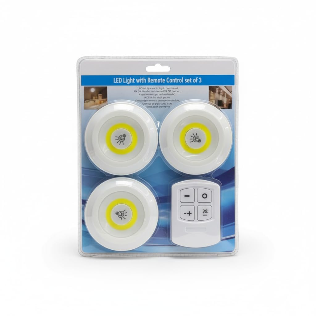 Wireless LED Puck Lights with Remote Control (Set of 3) – Battery Operated Stick-On Cabinet & Closet Lights