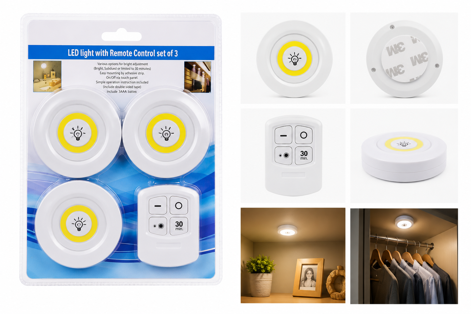 Wireless LED Puck Lights with Remote Control (Set of 3) – Battery Operated Stick-On Cabinet & Closet Lights