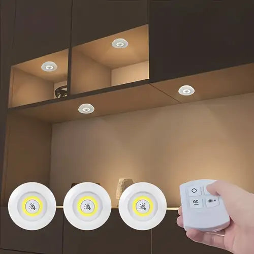 Wireless LED Puck Lights with Remote Control (Set of 3) – Battery Operated Stick-On Cabinet & Closet Lights