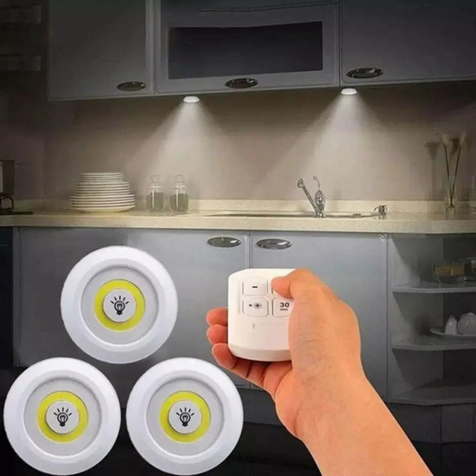 Wireless LED Puck Lights with Remote Control (Set of 3) – Battery Operated Stick-On Cabinet & Closet Lights