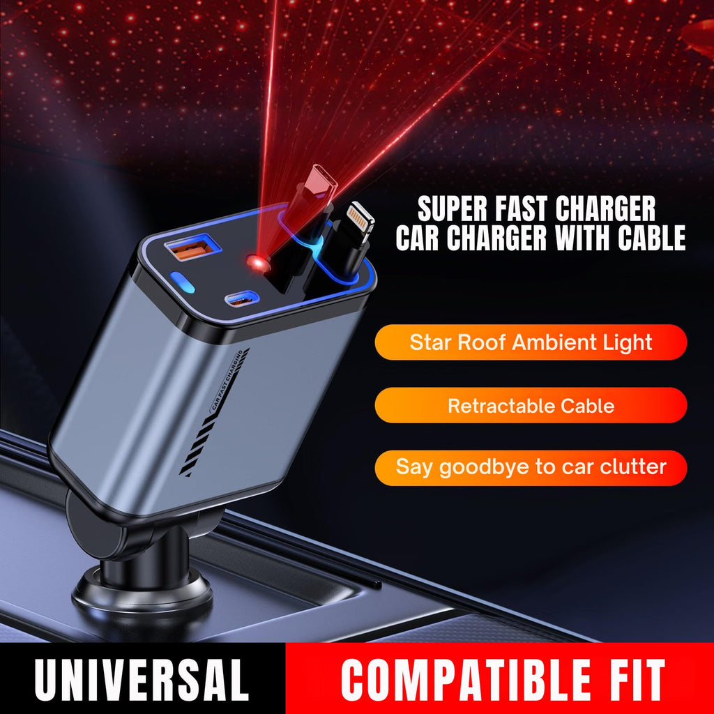 Retractable Car Charger 4-in-1 Fast Car Phone Charger 120W USB Car Charger for iOS & Android