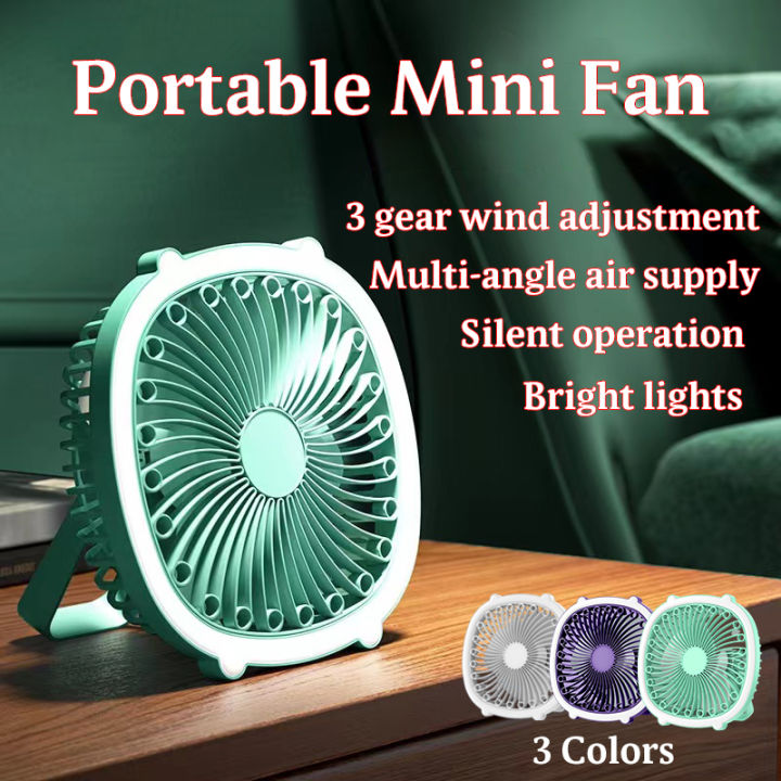 Rechargeable Mini Table Fan with LED Light – Stepless Adjustable Desk Fan