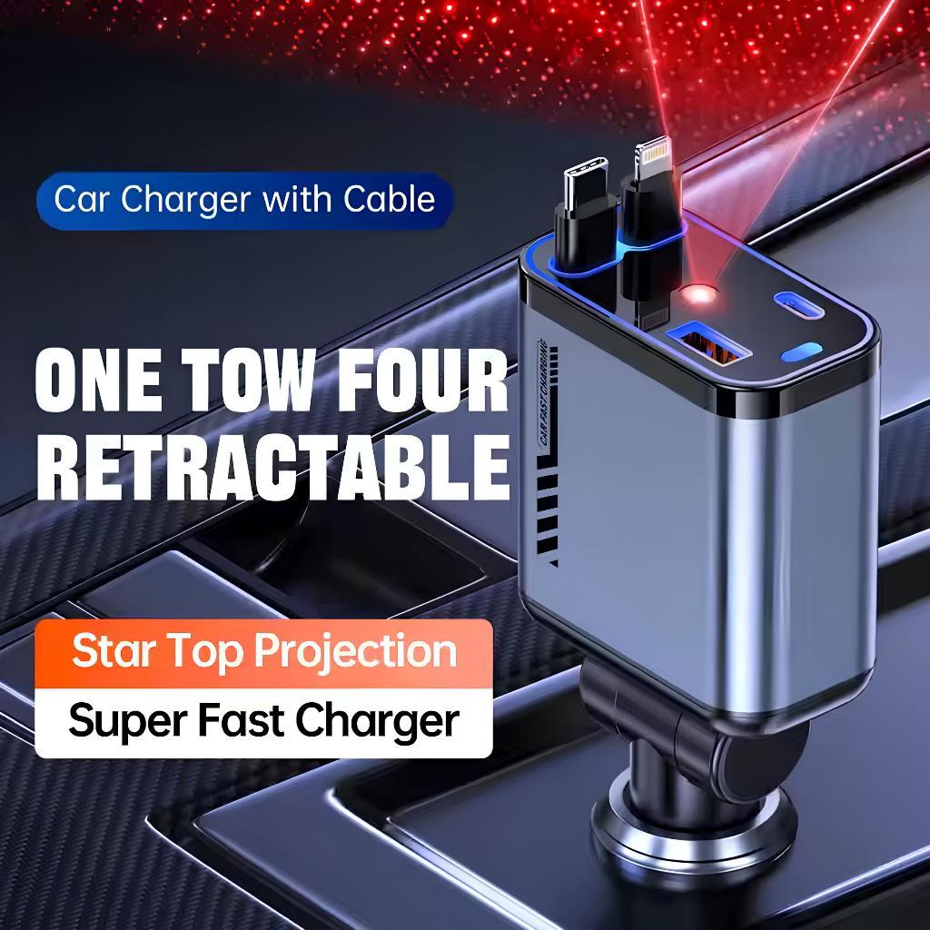 Retractable Car Charger 4-in-1 Fast Car Phone Charger 120W USB Car Charger for iOS & Android